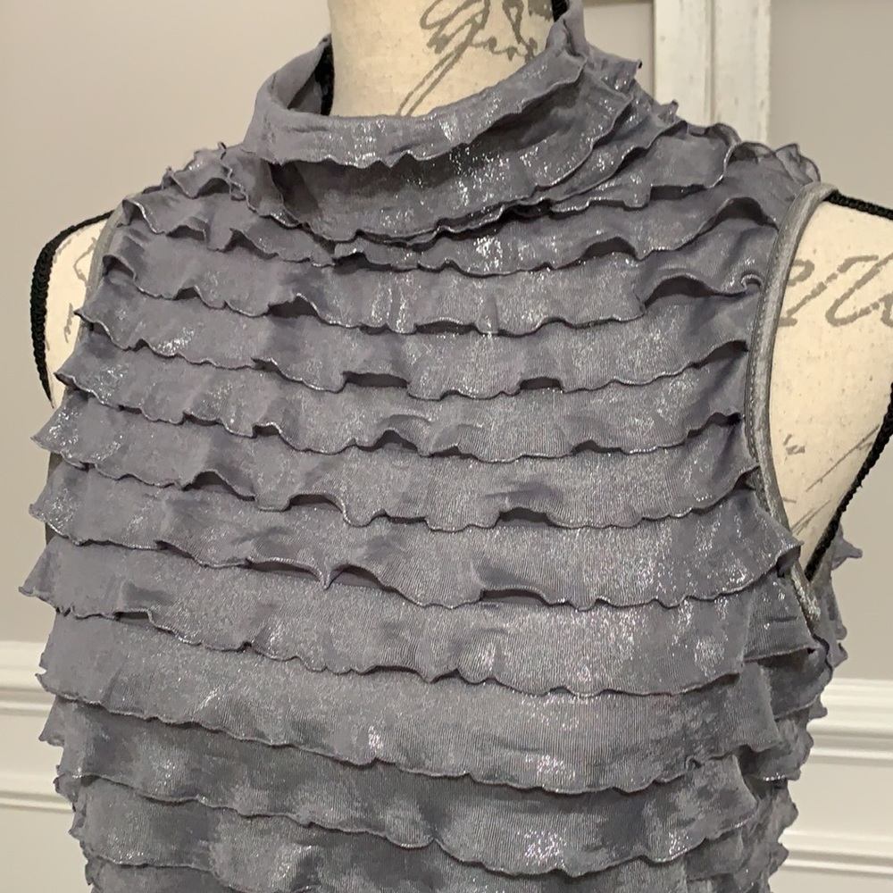 Layered Ruffles Sleeveless Top/Blouse Mock Neck Shimmery Dark Silver Size Medium